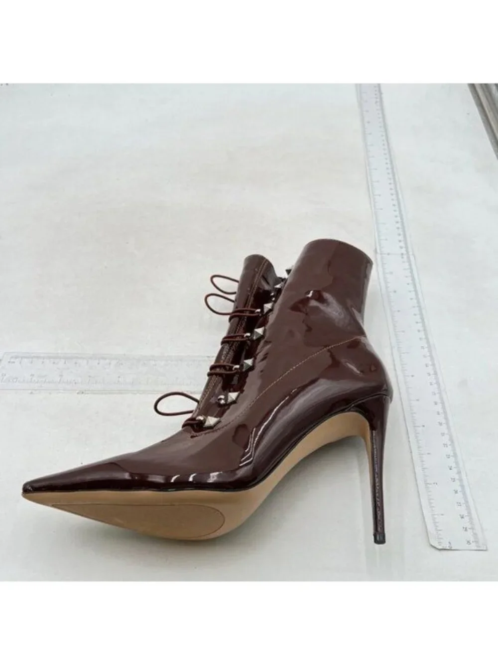 FSJ Women Thin High Heel Ankle Boots Lace up Studded Stilettos Booties Brown